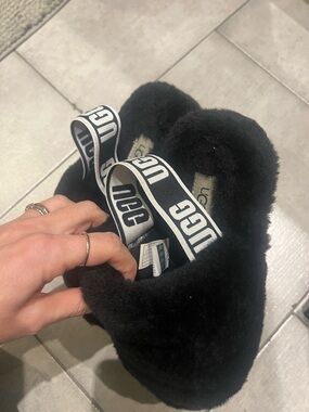 UGG Black Logo Strap Shearling Slide